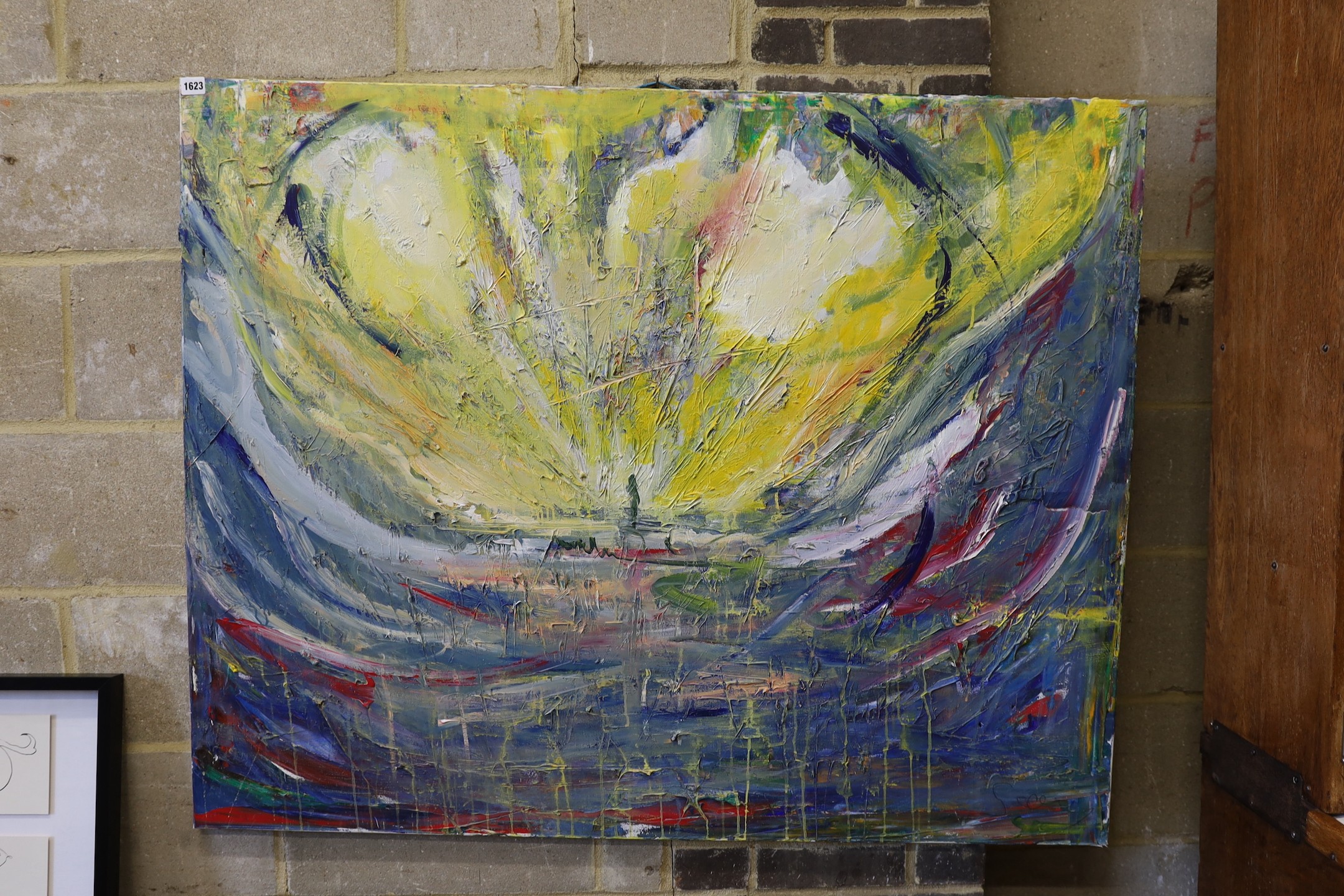 Rebecca Morse (Modern British) unframed abstract oil on canvas, signed verso, 127 x 101cm